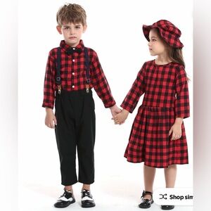 Carter's baby boy's red plaid shirt and black suspender pants outfit set. 3T